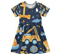 ISAOA Robe d'été à manches courtes pour petite fille 2-8 ans Motif pelleteuse planète poisson, multicolore, 4 ans