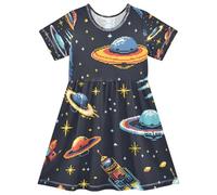 ISAOA Robe d'été à manches courtes pour petite fille 2-8 ans OVNI Aliens et vaisseaux spatiaux, multicolore, 7-8 ans