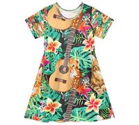 ISAOA Robe d'été à manches courtes pour petite fille, robe d'été colorée hawaïenne de 2 à 8 ans, motif de papier peint avec petit chat orange répété et tête de chat gris, multicolore, 4 ans