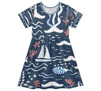 ISAOA Robe d'été à manches courtes pour petites filles 2-8 ans Bateau Poisson Corail, multicolore, 3 ans