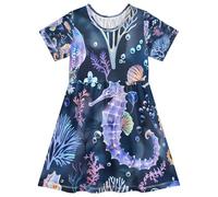 ISAOA Robe d'été à manches courtes pour petites filles, 2-8 ans, hippocampe avec méduse, multicolore, 3 ans