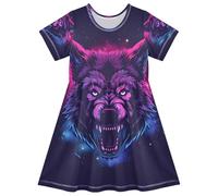 ISAOA Robe d'été à manches courtes pour petites filles, 2-8 ans Loup puissant, multicolore, 4 ans