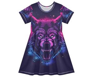 ISAOA Robe d'été à manches courtes pour petites filles, 2-8 ans Loup puissant, multicolore, 4 ans
