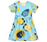 ISAOA Robe d'été à manches courtes pour petites filles, 2-8 ans, poisson jaune et bleu, multicolore, 3 ans