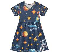 ISAOA Robe d'été à manches courtes pour petites filles 2-8 ans Space Stars Planet, multicolore, 4 ans