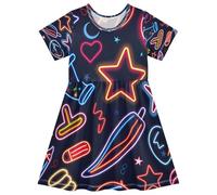 ISAOA Robe d'été à manches courtes pour petites filles, 2 à 8 ans, autocollants fluo américains, multicolore, 7-8 ans