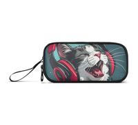ISAOA Trousse à crayons de grande capacité avec 3 compartiments Motif chat heureux portant des écouteurs Pour adolescents, garçons, filles, adultes et étudiants, Un chat heureux portant un casque