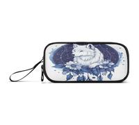 ISAOA Trousse à crayons de grande capacité avec 3 compartiments, pochette de papeterie, bleu marine, plume, attrape-rêves, loup, pour fournitures scolaires et de bureau
