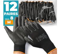ISC Hygiene & Safety - Gants de travail anti coupure - Gant de travail homme - Gants de travail femme nylon enduit PU - Sans couture - Taille 8 - M - Lot de 12 paires