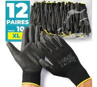 ISC Hygiene & Safety - Gants de travail anti coupure - Gant de travail homme - Gants de travail femme nylon enduit PU - Sans couture - Taille 10 - XL - Lot de 12 paires