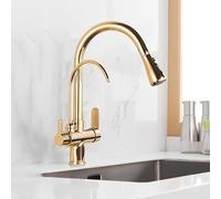 ISCBAFYX ANWEALTH Robinet de Cuisine de Luxe à 3 Voies en Laiton doré avec Filtre à Eau, pivotant à 360°, pulvérisateur Double Fonction, Support de Pont monotrou, Or métallique, Finition chromée