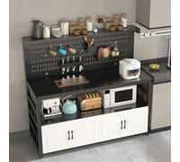 ISCBAFYX Îlot de Cuisine avec éère de Rangement éère Utilitaire pour la préparation des Aliments, Support de Boulanger Debout avec Panneau arrière perforé comptoir de Bar, Table îlot Noir Blanc 140