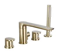 ISCBAFYX Robinet de Baignoire divisé, lavabo Tout en cuivre brossé doré, mitigeur d'eau Chaude Froide à Trois ou Quatre Trous, Ensemble de Salle de Bain à Rotation à 360 ° avec Douche Portable,