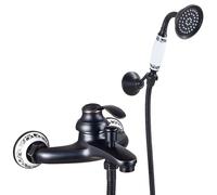 ISCBAFYX Robinet de Baignoire rétro Noir avec douchette à Main, mitigeur Mural nostalgique, Ensemble de Douche à Double poignée en Laiton pour Une décoration de Salle de Bain élégante.
