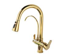 ISCBAFYX Robinet mitigeur de Cuisine à 3 Voies, Robinet à Boisson doré à pulvérisation extractible, col de Cygne 3 en 1, Robinet mitigeur pour évier de Cuisine