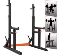 ISE Support Barre de Musculation Multifonction, Rack Squat avec Barres pour Haltères, Cage de Musculation en Acier, Rack Musculation Hauteur et Largeur Réglable, Cage Squat, Home Gym Noir et Rouge