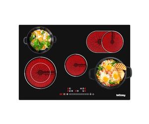 IsEasy Plaque Vitrocéramique 5 Feux Encastrable, Table de Cuisson Vitroéramique 5 Foyer, Plaque de cuisson Electrique 77cm, Minuteur, 9 Niveaux de Puissance, 8600W