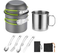 ISFORU Batterie de cuisine antiadhésive pour 1 personne comprenant un sac à dos et une poêle avec tasse en acier inoxydable 304 et ustensiles pour les voyages, le trekking et la randonnée