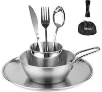 ISFORU Lot de 8 couverts de camping en acier inoxydable 1 paire de couverts pliants avec housse en néoprène 1 assiette, 1 bol, 1 tasse pour 1 personne, idéal pour les ustensiles de cuisine en plein