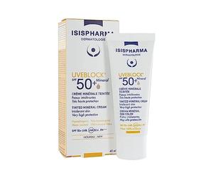 ISISPHARMA UVEBLOCK SPF 50+ Minérale Crème Teintée - Très Haute Protection Solaire 100% Minérale - Peaux Sensibles - Résistant à l’eau - Sans traces - Fabriqué en France