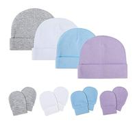 ISIYINER Bonnets de Naissance et Moufles Ensemble de Mitaines de Chapeau pour Nouveau-né Bébé Garçons Filles 0-6 Mois