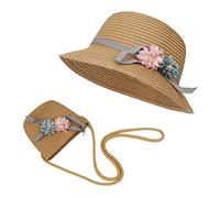 ISIYINER Chapeau de Soleil Filles Chapeaux de Paille d'été Enfant et Petit Sac Ensemble avec Décoration Florale pour Plage Voyage Randonée 3-7 Ans
