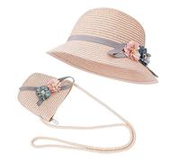 ISIYINER Chapeau de Soleil Filles Chapeaux de Paille d'été Enfant et Petit Sac Ensemble avec Décoration Florale pour Plage Voyage Randonée 3-7 Ans