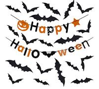 ISIYINER Decoration Halloween, Bannière Happy Halloween avec 60pcs Stickers Muraux Chauve-Souris pour Halloween Fête DIY Decor Intérieur Extérieur