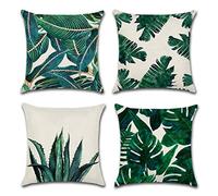 ISIYINER Housse De Coussin Lot de 4 Tropical Plantes en Coton et Lin Carré Décoratif Taie d'oreiller pour Chambre Salon Bureau Voiture Canapé 45 x 45 cm