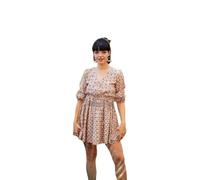 Isla Bonita Robe Courte Beige à Petit Imprimé Floral et Manches Courtes | Robe courte à manches courtes, coupe ample qui tombe sur le corps sans serrer, confortable des heures