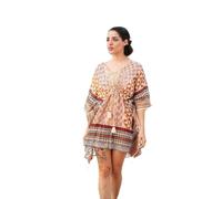 Isla Bonita Robe Courte Orange en Coton à Imprimé Ethnique | Robe courte à manches courtes, coupe ample qui tombe des épaules sans serrer la taille ni les hanches.