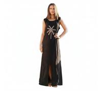Isla Bonita Robe Longue Noire en Viscose Brodée Palmier Doré | Robe longue noire sans manches, tombé droit et fluide, avec une broderie palmier dorée pour seul ornement