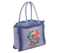 Isla Bonita Sac en Coton à Rayures et Imprimé Floral avec Franges | Sac compact de 31 x 26 x 14 cm à rayures et fleurs tropicales, franges latérales et anses solides.