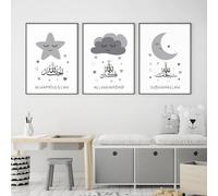 Islamique Murale Art Cartoon Gris Nuages Étoiles Lune Affiches & Estampes Chambre D’enfant Toile tableau Peinture Tableaux Pour Chambre D’enfants Intérieur Decoration À La Maison 30x50cmx3 Sans Cadre