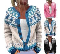 Islandais Tricotés Gilet Jacquard Femme Grande Taille Fair Isle Pull de Style Ethnique Chic et Elegant Veste Automne Hiver Chaud Femme Gilet Chaud Femmes à Manches Longues Col Rond Cardigan Femmes