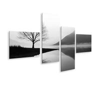 islandburner Image sur toile Arbre solitaire au bord du lac avec brouillard - Tableau mural pour les amoureux de la nature - 4 pièces - Édition C1