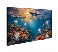 islandburner Image sur toile baleine sur récif corallien avec méduses et rayons de soleil - Edition O1