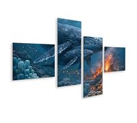islandburner Image sur toile - Baleines majestueuses dans un monde sous-marin vivant avec volcan - 4 pièces - Edition X1