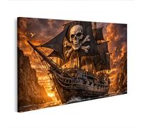 islandburner Image sur toile bateau pirate avec drapeau tête de mort au coucher du soleil - Edition M2