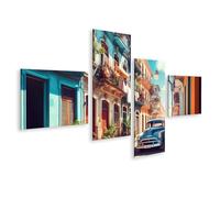 islandburner Image sur toile Bâtiments colorés et voitures anciennes sur une rue animée La Havane Cuba Images murales Poster