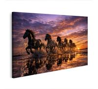 islandburner Image sur toile - Chevaux galopant au coucher du soleil - Décoration murale pour les amoureux des animaux - Edition M1