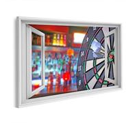 islandburner Image sur toile Cible de fléchettes par fenêtre ouverte dans un bar Images murales 100 x 57 cm