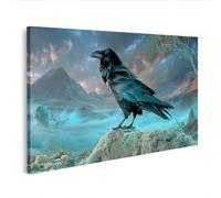 islandburner Image sur toile Corbeau mystique sur pierre rune - Décoration murale pour salon pour les amoureux de la nature - Edition C1