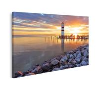 islandburner Image sur toile Coucher de soleil sur le phare sur la rive du lac Images murales Poster