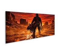islandburner Image sur toile Cowboy solitaire au coucher du soleil - Décoration murale occidentale - Panorama
