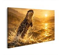 islandburner Image sur toile - Motif loutre éclaboussant au coucher du soleil - Décoration murale pour les amoureux des animaux - Edition D1