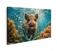 islandburner Image sur toile représentant un petit cochon joyeux sous l'eau entre coraux multicolores - Edition D2