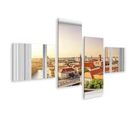 islandburner Image sur toile - Skyline de Berlin au coucher du soleil vue depuis une fenêtre ouverte - 150 x 80 cm