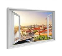 islandburner Image sur toile - Skyline de Berlin au coucher du soleil vue depuis une fenêtre ouverte - 100 x 57 cm