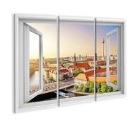 islandburner Image sur toile - Skyline de Berlin au coucher du soleil vue depuis une fenêtre ouverte - 130 x 80 cm